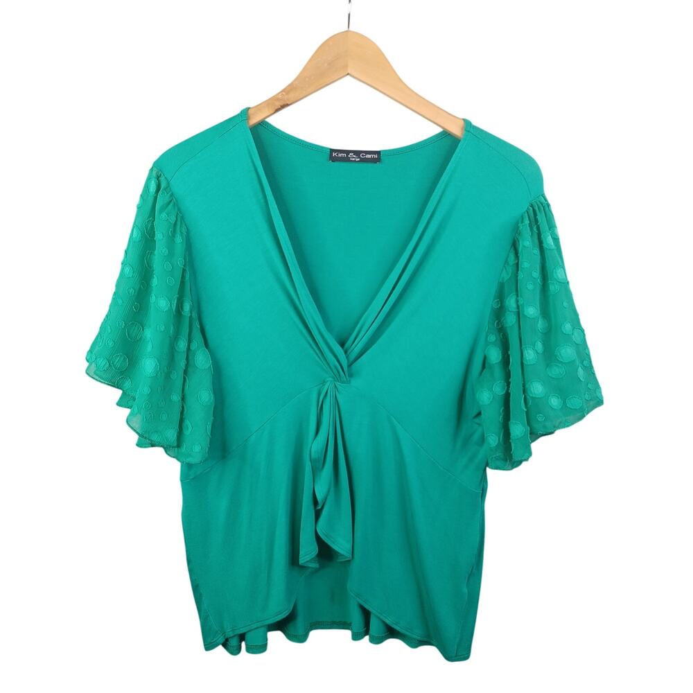 Kim & Cami Women Flutter Sleeve Knit Top Large Kelly Green‎ Drape Fairy Festival